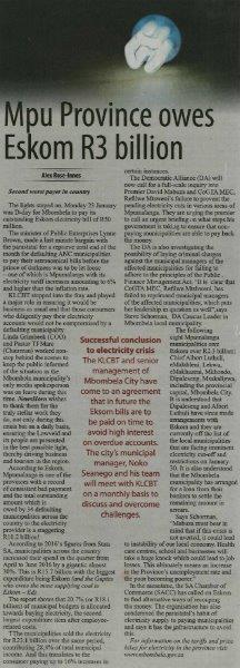 MPU Province Owes Eskom R3 billion - 1 Feb 2017 News Horn jpeg